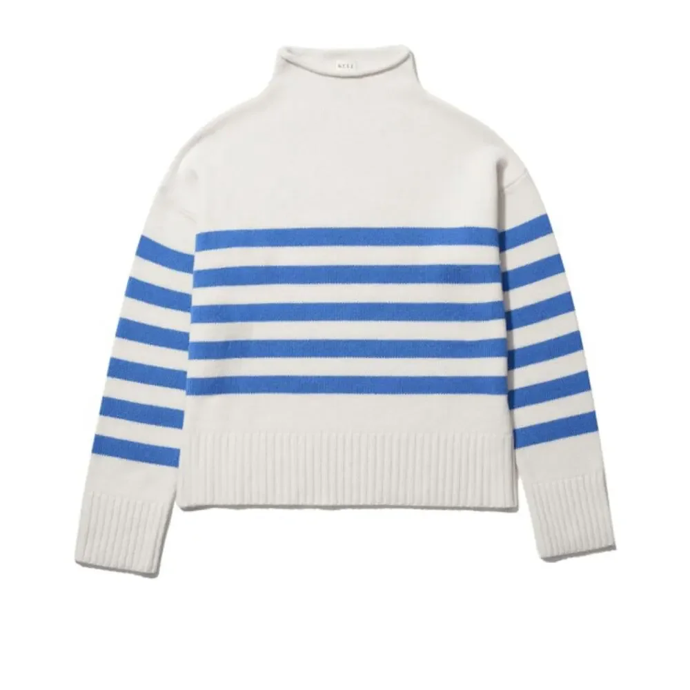 KULE Cream and Blue Striped Cashmere-blend Turtleneck Sweater. Sz L - Picture 1 of 16